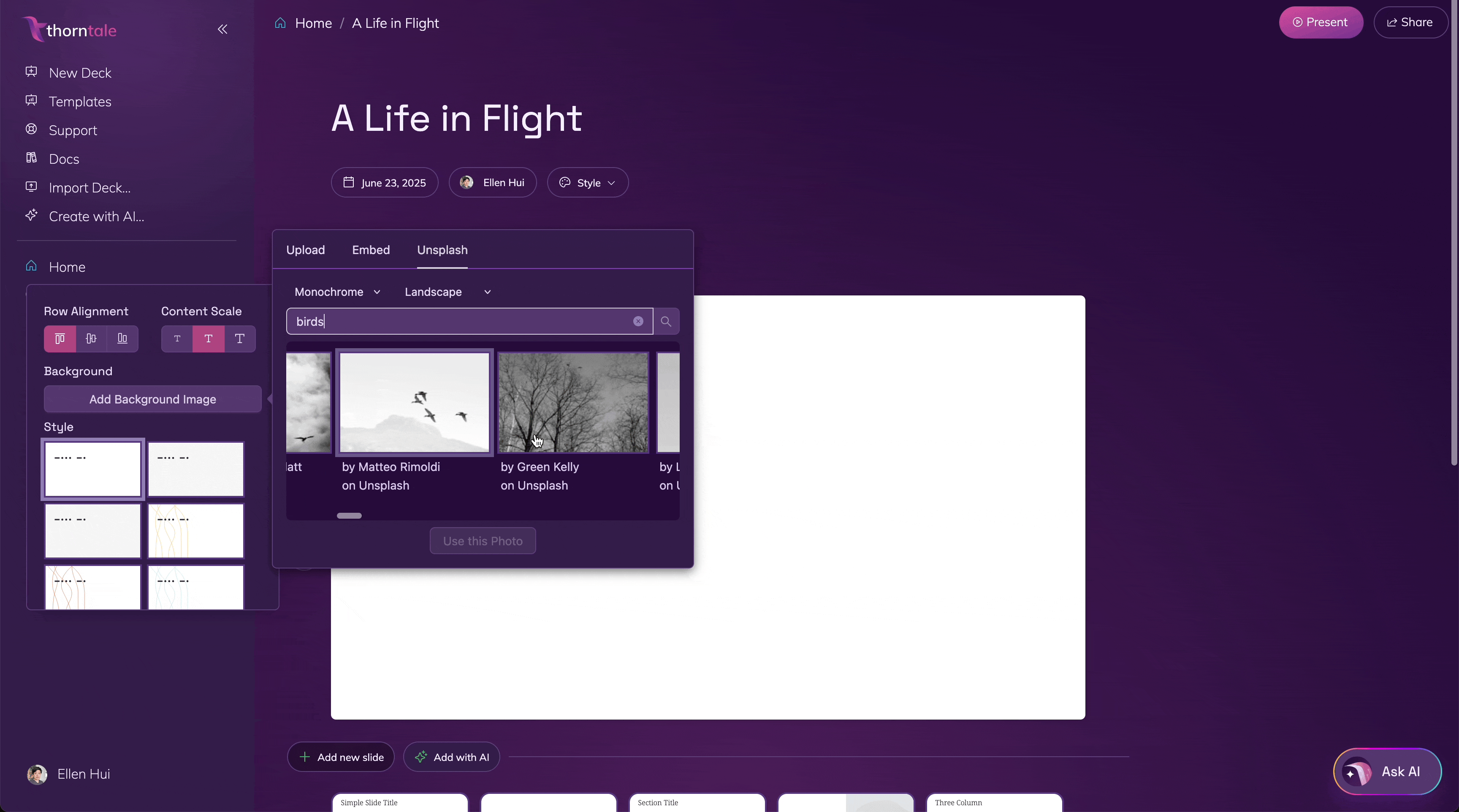 A gif of searching and adding a background image to a Thorntale slide