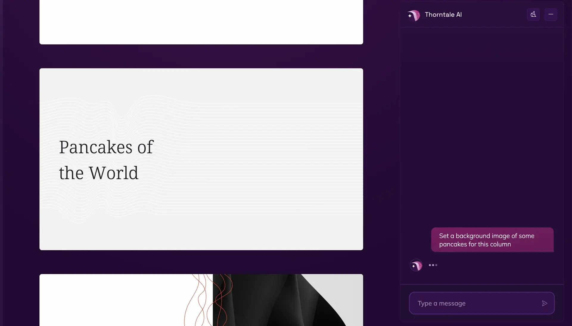 A gif of asking Thorntale AI to add a background image to the 'Pancakes of the World' slide.