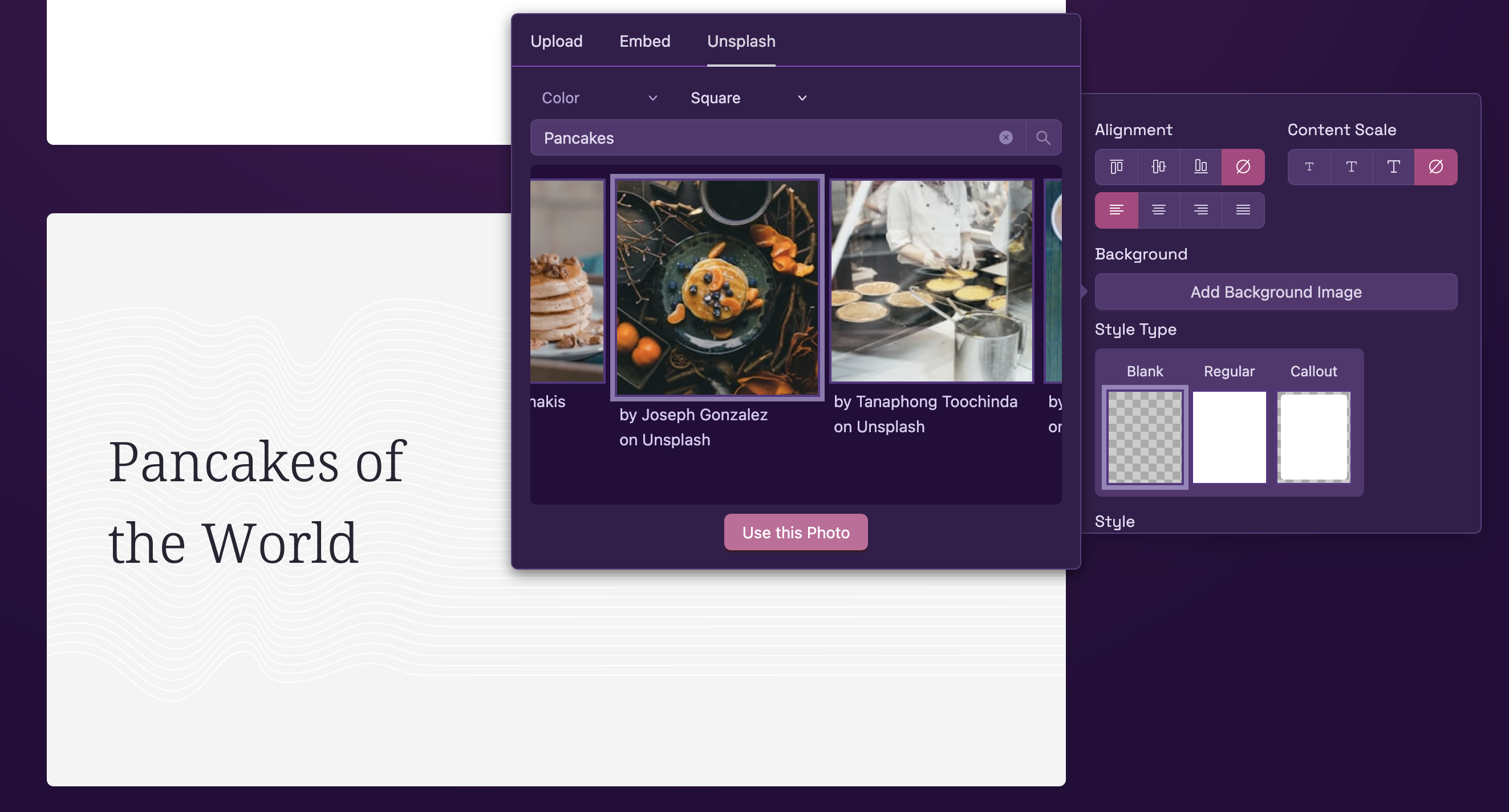 A screenshot of a slide labeled 'Pancakes of the World', with the right column selected, and a background image being searched in Unsplash.