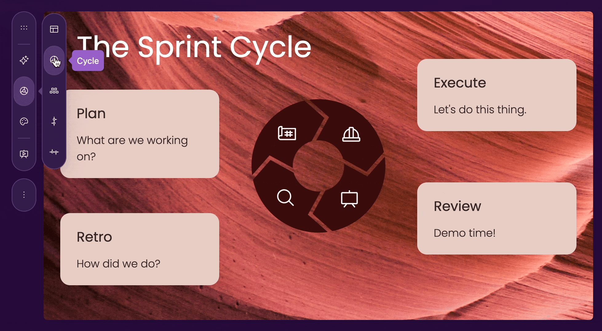 Swapping between Row-Column, Cycle, Floating Boxes, Vertical Timeline, and Horizontal Timeline layouts