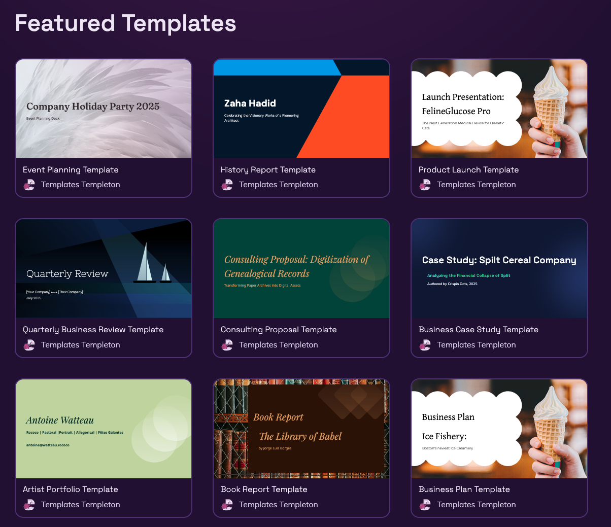 Screenshot of the Thorntale template gallery.