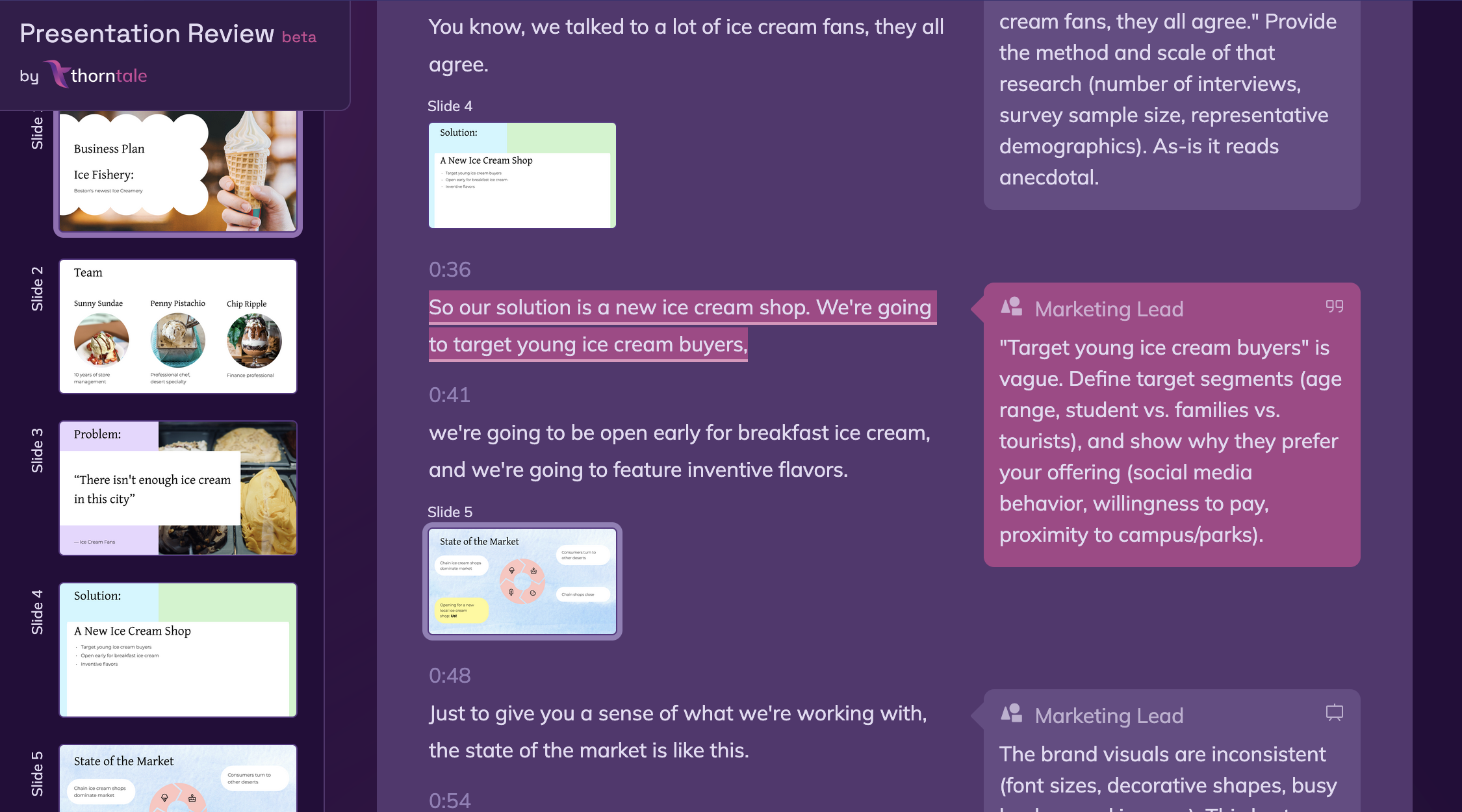 Screenshot of Thorntale’s AI Presentation Review tool, showing a presentation transcript with some ai-generated comments.